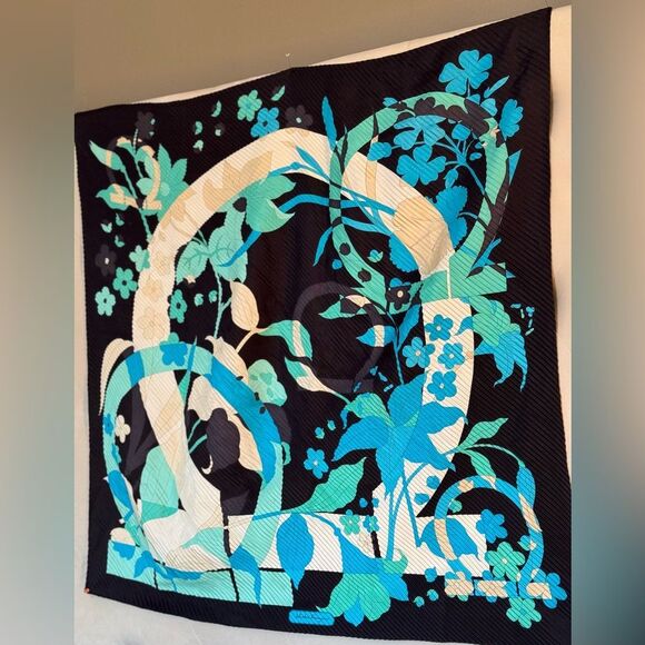 Salvatore Ferragamo Black and Blue Floral Scarf - Picture 2 of 5